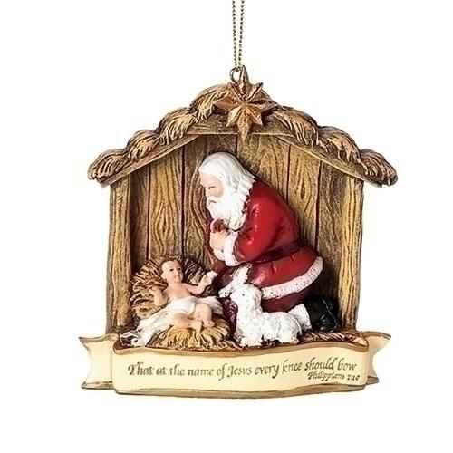 Kneeling Santa Christmas Scene Ornament - Unique Catholic Gifts