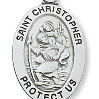 Sterling  Silver St Christopher (1"x 5/8") on 20 inch chain. Patron Saint of Travel. - Unique Catholic Gifts