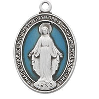 Sterling Silver Miraculous Medal with Blue Enamel on 18" chain. - Unique Catholic Gifts
