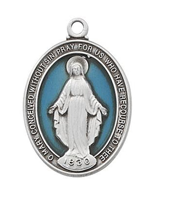 Sterling Silver Miraculous Medal with Blue Enamel on 18