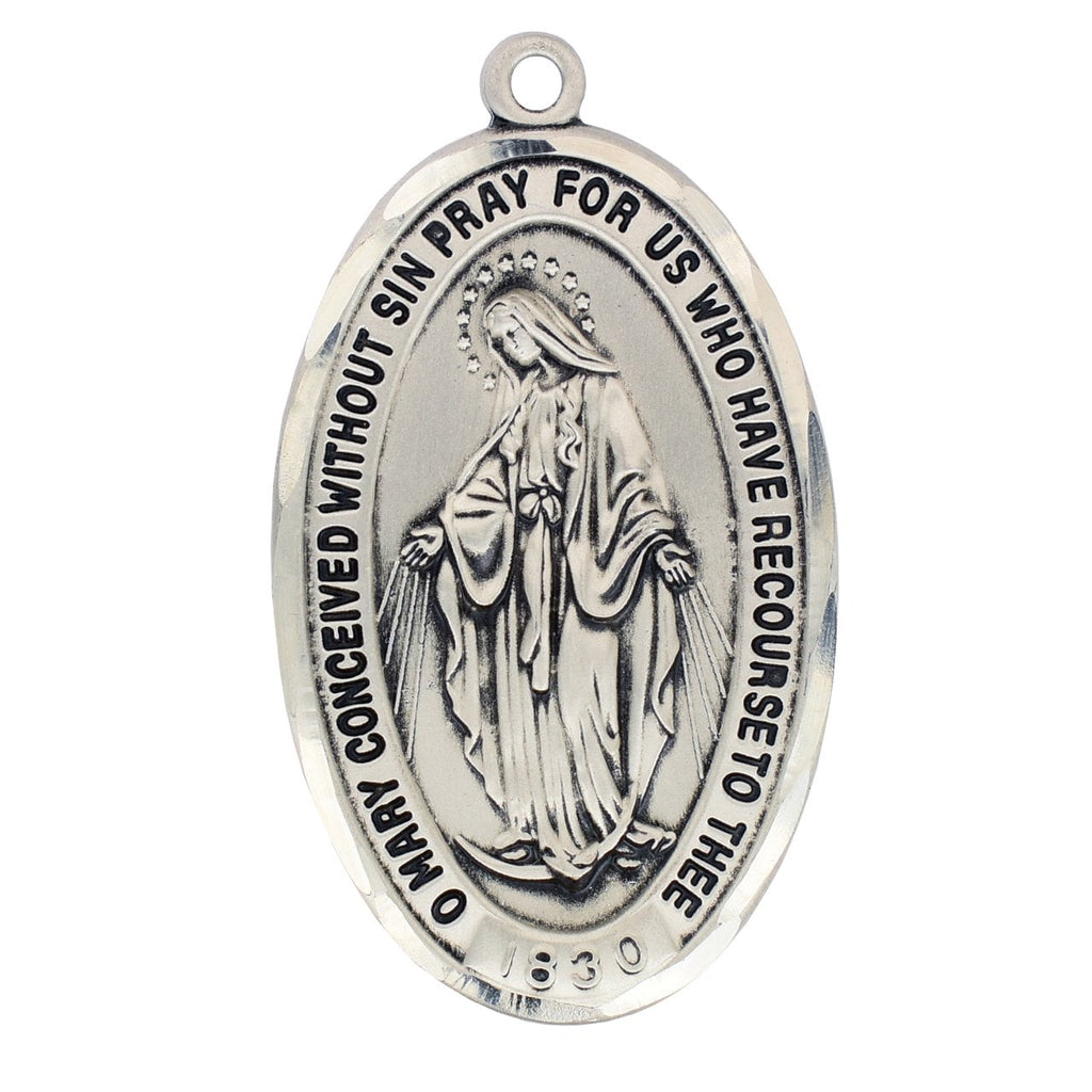 Silver Miraculous Medal 1 1/2" with chain 24" - Unique Catholic Gifts