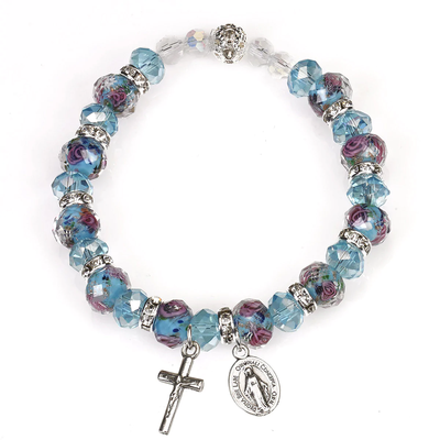 Light Blue Crystal Stretch Bracelet with Pink Rose Painted Beads - Unique Catholic Gifts