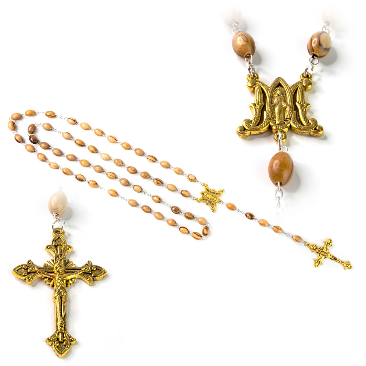 Miraculous Medal Olive Wood Rosary (Gold) - Unique Catholic Gifts