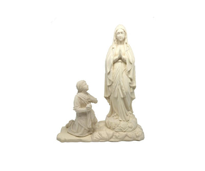 Our Lady of Lourdes with St. Bernadette Hand Carved Natural Wood Statue 5 1/2 