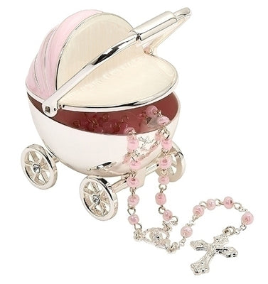Pink Baby Carriage Keepsake Box and Rosary - Unique Catholic Gifts