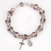 Pink Crystal Stretch Bracelet with White/Pink Rose Painted Beads - Unique Catholic Gifts