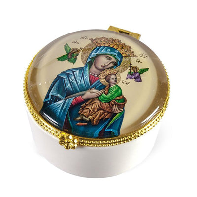 Porcelain Rosary Box With Our Lady of Perpetual Help Glass Cover - Unique Catholic Gifts