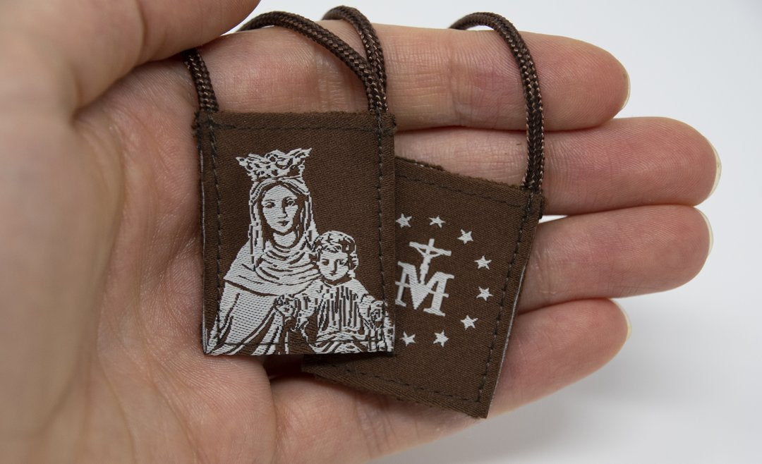 Premium Brown Scapular, Brown & Cream, Our Lady of Mt. Carmel 17" Cord