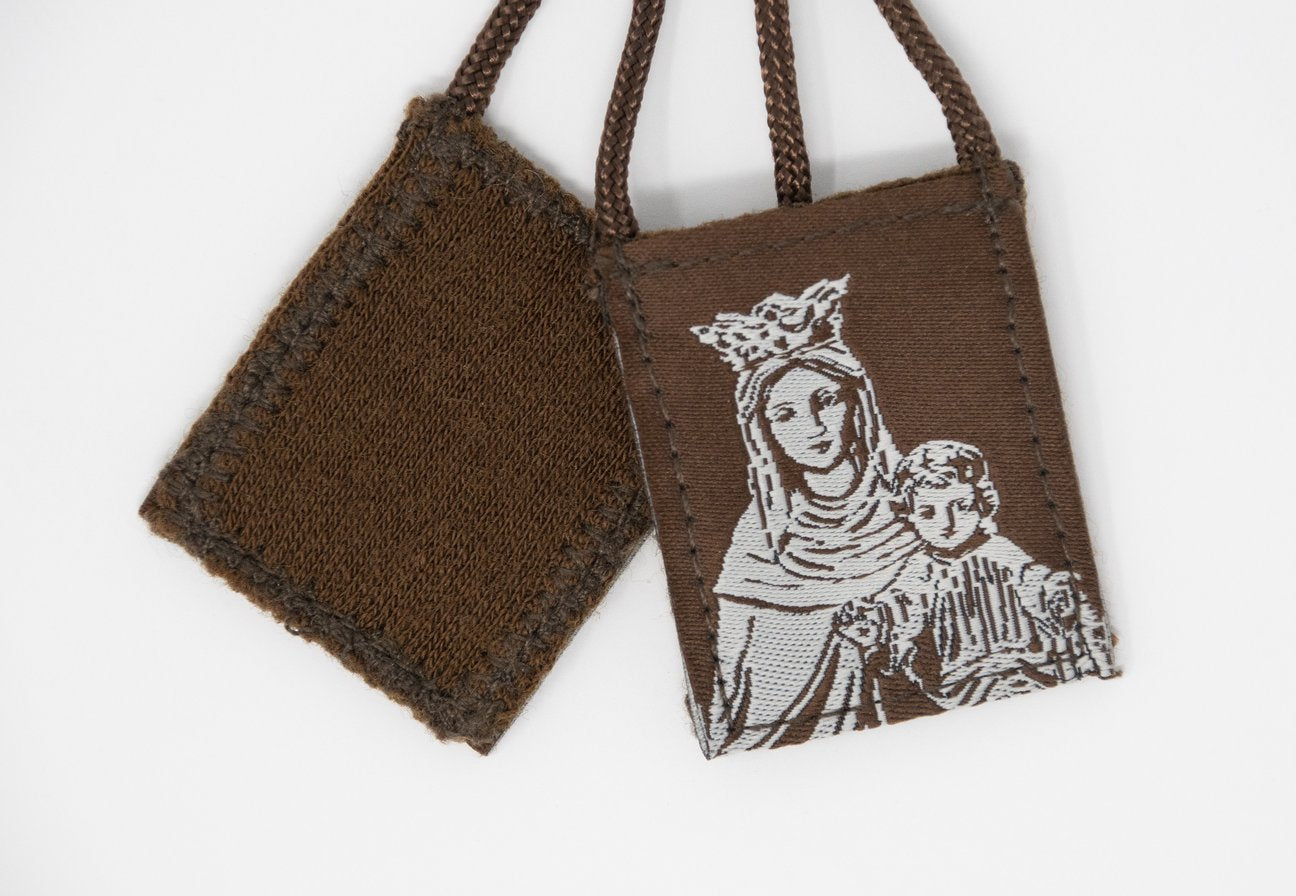 Premium Brown Scapular, Brown & Cream, Our Lady of Mt. Carmel 17" Cord