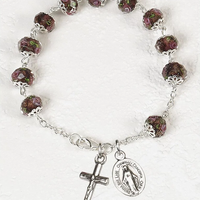 Purple Crystal Bracelet with Pink Rose Painted Beads - Unique Catholic Gifts