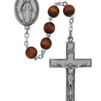 Sterling Silver Miraculous Medal Rosary with Brown Wood Beads(7mm) - Unique Catholic Gifts