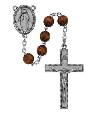 Sterling Silver Miraculous Medal Rosary with Brown Wood Beads(7mm) - Unique Catholic Gifts