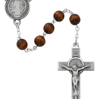 Pewter St. Benedict Rosary with Brown Wood Beads(7mm) - Unique Catholic Gifts