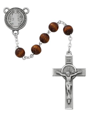 Pewter St. Benedict Rosary with Brown Wood Beads(7mm) - Unique Catholic Gifts