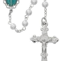 Pearl Rosary (5 mm) with Rhodium and Blue Enamel Miraculous Medal Center - Unique Catholic Gifts