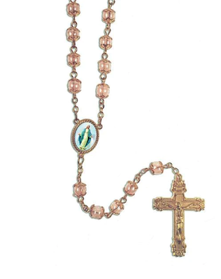 Rose Gold Rosary with Pink Glass Beads and Epoxy Lady of Grace Center - Unique Catholic Gifts