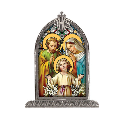 Holy Family Silver Arch Framed Liturgical Glass Art - Unique Catholic Gifts