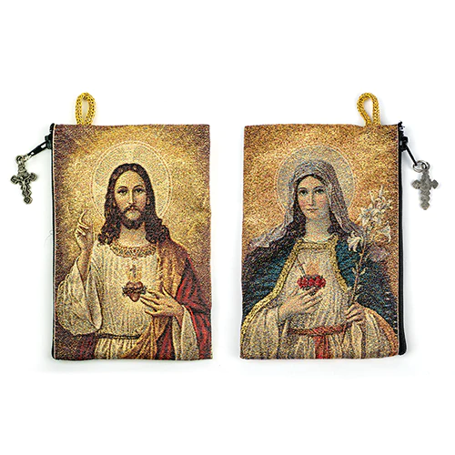 Sacred Heart Of Jesus & Immaculate Heart Of Mary Woven Tapestry Rosary Pouch - Unique Catholic Gifts