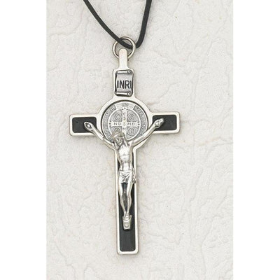 Saint Benedict Black Enamel Crucifix - Silver Tone Medal 3