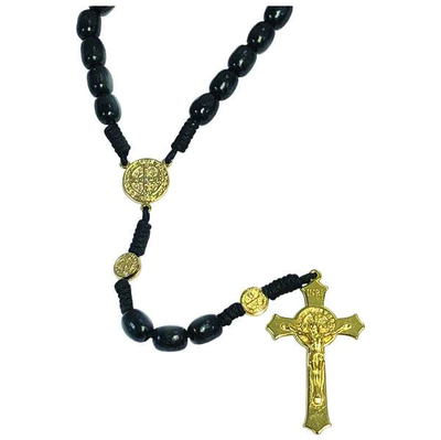 Saint Benedict Black Wood Rosary, Gold-tone - Unique Catholic Gifts