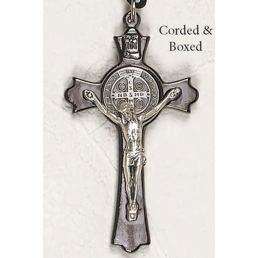 Saint Benedict Black/Gold Tone Crucifix - Silver Tone Medal  3" - Unique Catholic Gifts