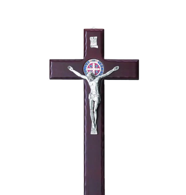 Saint Benedict Cherry Wood Wall Cross with Enamel and Silver-tone Crucifix - Unique Catholic Gifts