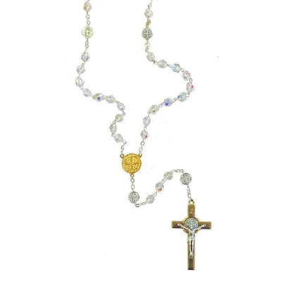 Saint Benedict Clear Crystal Rosary with Gold-tone Center - Unique Catholic Gifts