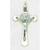 Saint Benedict Silver Tone Crucifix - Silver Tone Medal Corded  3" - Unique Catholic Gifts
