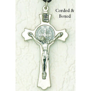 Saint Benedict Silver Tone Crucifix - Silver Tone Medal Corded  3" - Unique Catholic Gifts