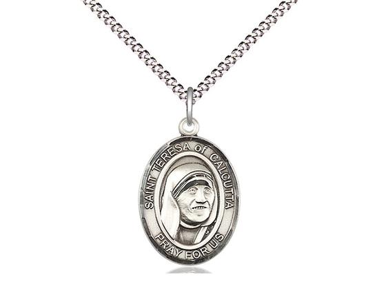 Sterling Silver Saint Teresa of Calcutta Oval Medal (3/4") with 18" chain - Unique Catholic Gifts