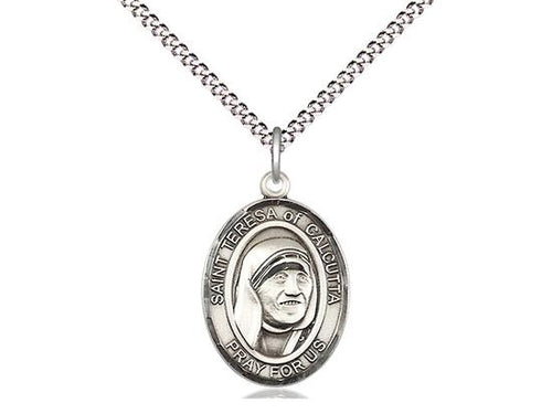 Sterling Silver Saint Teresa of Calcutta Oval Medal (3/4") with 18" chain - Unique Catholic Gifts
