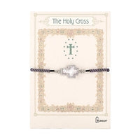 Shell and Cubic Zirconia Cross Bracelet Gray Cord Sterling Silver Finish - Unique Catholic Gifts
