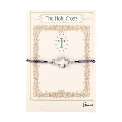 Shell and Cubic Zirconia Cross Bracelet Gray Cord Sterling Silver Finish - Unique Catholic Gifts