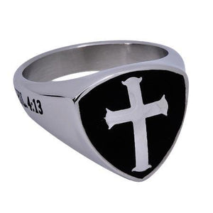 Shield Cross Ring, "Christ My Strength" - Unique Catholic Gifts