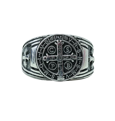 Silver-tone Premium St. Benedict Men’s Ring, Size Small - Unique Catholic Gifts