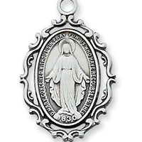 Silver Miraculous Medal 1" with an antique look and chain 18" - Unique Catholic Gifts
