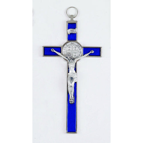 Blue St. Benedict Wall Crucifix 8" - Unique Catholic Gifts
