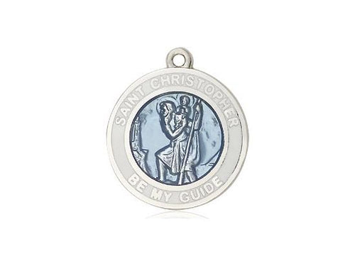 St. Christopher White Border Round Blue Medal (3/4") with 18" chain - Unique Catholic Gifts