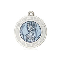 St. Christopher White Border Round Blue Medal (3/4") with 18" chain - Unique Catholic Gifts