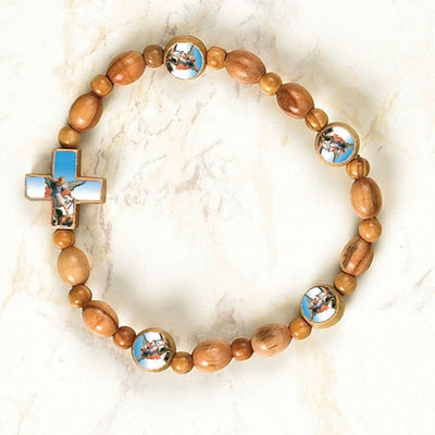 St Michael Italian Olive Wood Stretch Bracelet - Unique Catholic Gifts