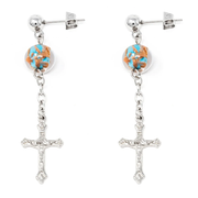 Stainless Steel Crucifix Earrings with Turquoise Murano Beads - Unique Catholic Gifts