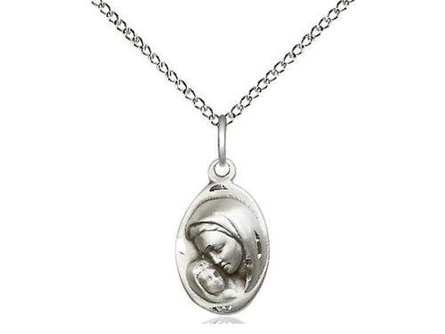 Sterling Silver Madonna and Child Medal (5/8") with 18" chain - Unique Catholic Gifts