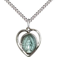 Sterling Silver Miraculous Medal Blue in Heart (5/8") - Unique Catholic Gifts