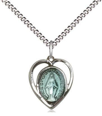 Sterling Silver Miraculous Medal Blue in Heart (5/8