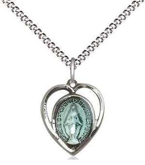 Sterling Silver Miraculous Medal Blue in Heart (5/8") - Unique Catholic Gifts
