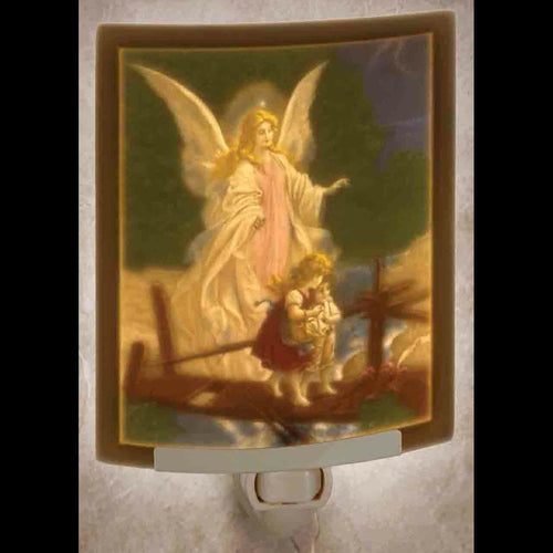 Traditional Guardian Angel over the Bridge Night Light Curved 5.5 x 2.25" - Unique Catholic Gifts