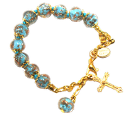 Turquoise Genuine Murano Gold Tone Rosary Bracelet with Handknotted Sommerso Beads & Crucifix - Unique Catholic Gifts
