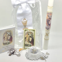 Girls First Communion Gift Set:Arm Band,Golden Candle and 7 other items - Unique Catholic Gifts