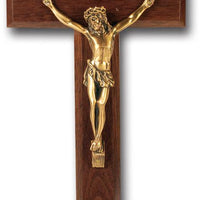 Walnut Wall Crucifix with Museum Gold Plated Corpus 10" - Unique Catholic Gifts
