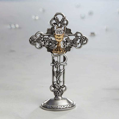 White Enamel with Pewter Chalice Standing Cross 6